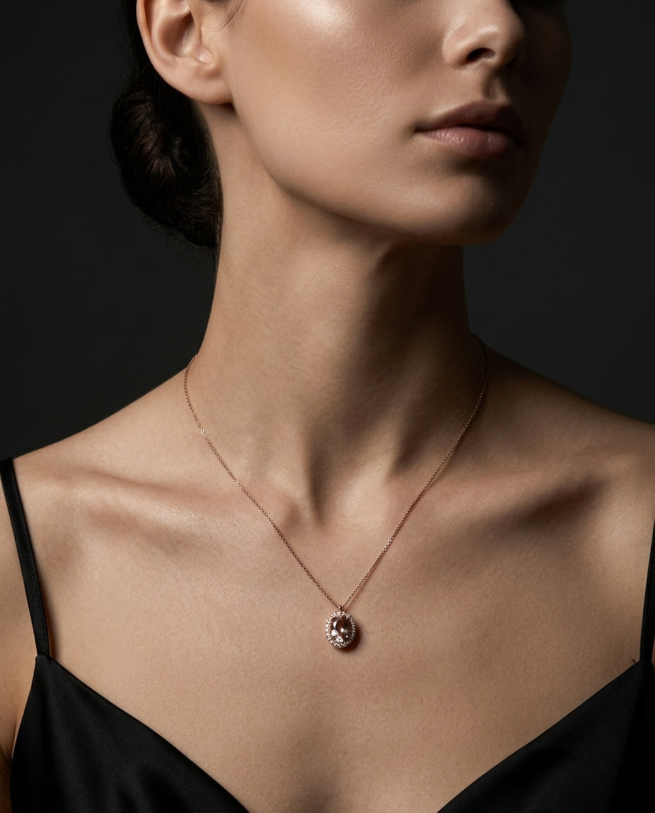 Model wearing a Corr's pendant necklace